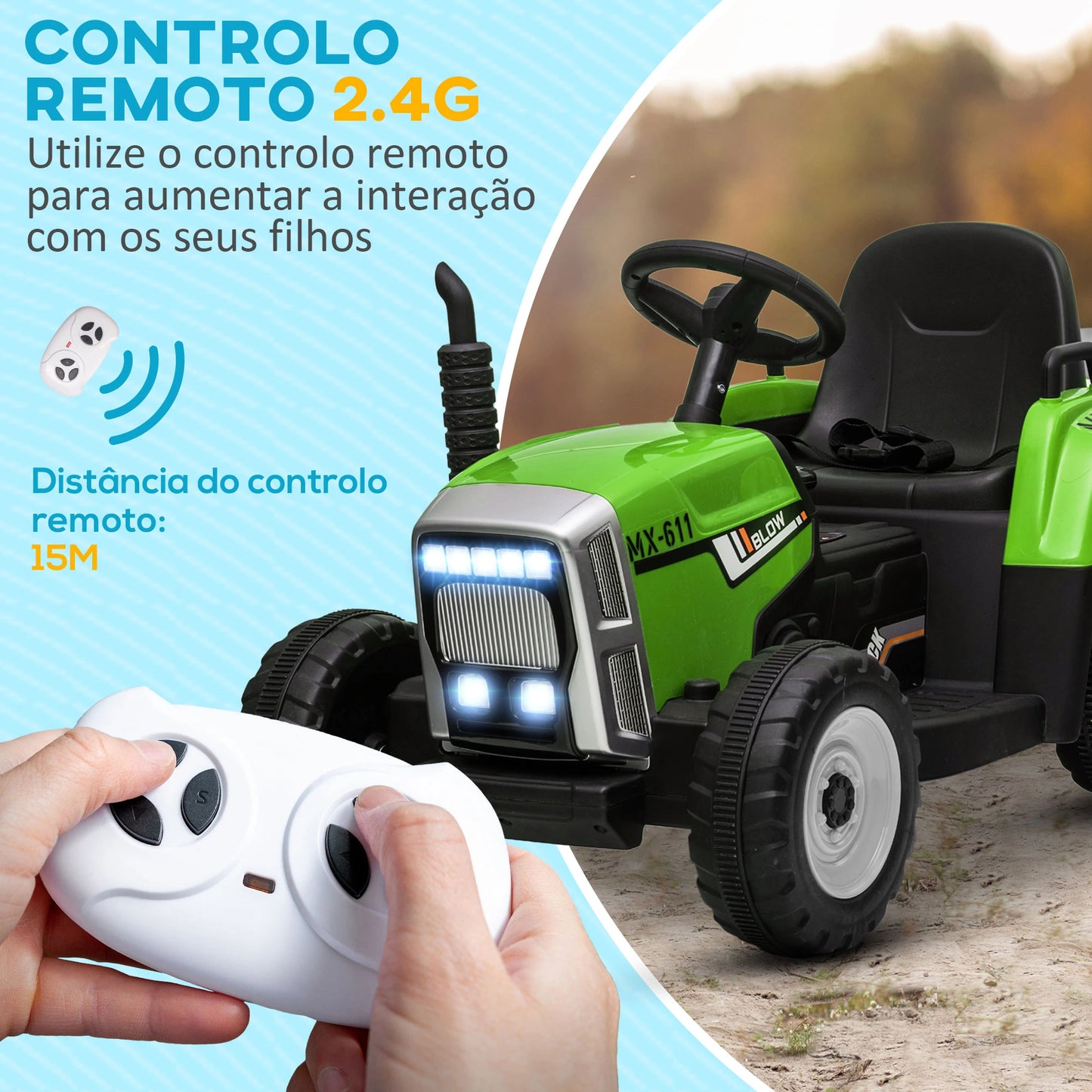 Trator Elétrico com Reboque Amovível com Controlo Remoto Música MP3 Luzes e Cinto de Segurança 136,5x50x52,5 cm