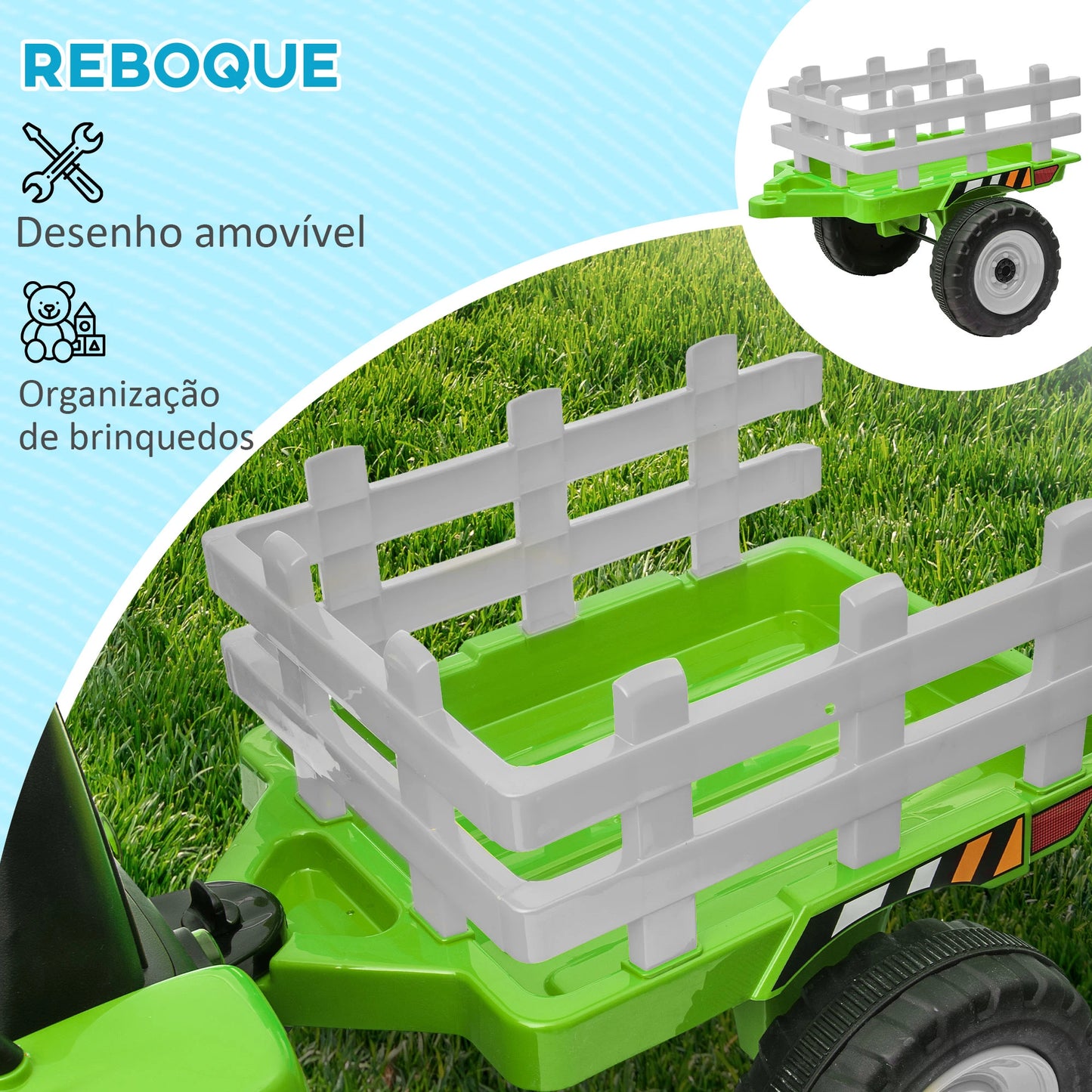 Trator Elétrico com Reboque Amovível com Controlo Remoto Música MP3 Luzes e Cinto de Segurança 136,5x50x52,5 cm