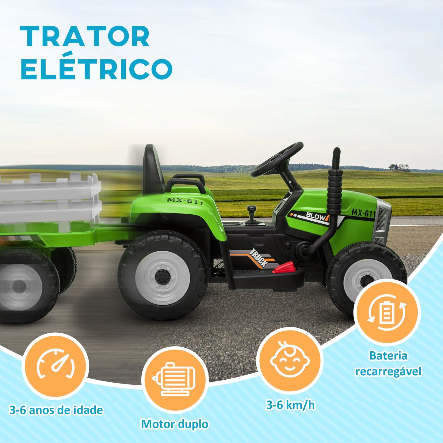 Trator Elétrico com Reboque Amovível com Controlo Remoto Música MP3 Luzes e Cinto de Segurança 136,5x50x52,5 cm