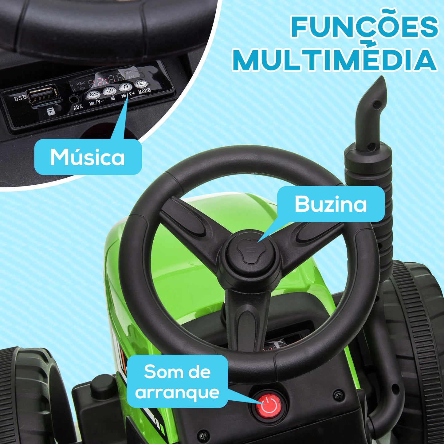 Trator Elétrico com Reboque Amovível com Controlo Remoto Música MP3 Luzes e Cinto de Segurança 136,5x50x52,5 cm